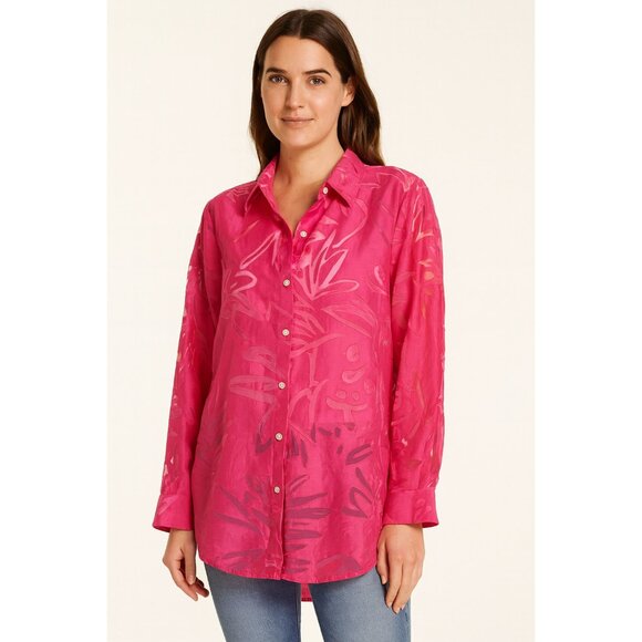 Chico’s Size 1 (M/8) Pink Button Front Sheer Blouse LS Floral Burnout Shirt - Picture 1 of 11